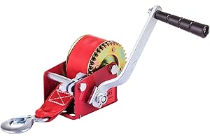 WHSSFINE Hand Winch 600 lbs Capacity Portable Towing Hand Crank with Brake 20 feet Nylon Straps and Handle Hook 2 Gear Adjustable for Boat Trailer Truck ATV Lift