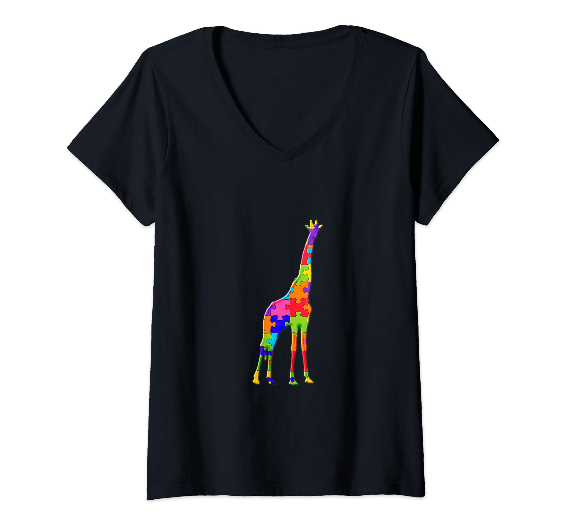Womens Giraffe zoo Tallest Animal Jigsaw Autism Puzzle V-Neck T-Shirt