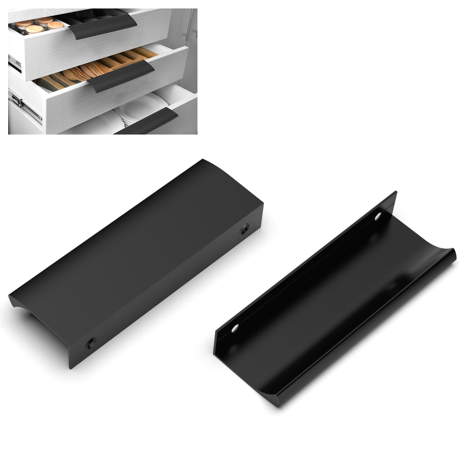 FURNIWARE Drawer Pulls, Pack of 10 Finger Edge Pull Concealed Handle, 96 mm Hole Center Concealed Kitchen Cupboards Drawers Pull - 120 mm Total Length, Matt Black