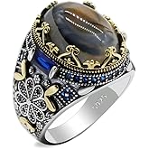 OHMMHO Solid S 925 Sterling Silver Black Zircon Men's Ring Türkiye Style Silver Ring Set Oval Agate Stone Ring Pure Handmade Antique Silver Jewelry Daily Wear Size7-13