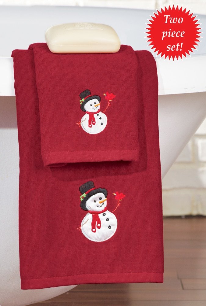 JarThenaAMCS 2-Pack Winter Hand Towels - Cotton Embroidered Snowman & Snowflake Design, 29.5x13.7 Inch