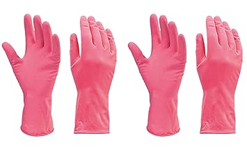 DeoDap Cleaning Gloves Reusable Rubber Hand Gloves, Stretchable Gloves for Washing Cleaning Kitchen Garden (Pink, 2 Pair)