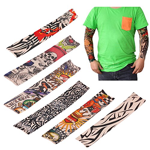 LEMONBEST 6 pcs Nylon Fake Temporary Tattoo Sleeves Sun Protection Arm Stockings Accessories Kit For Men Women Halloween Costume