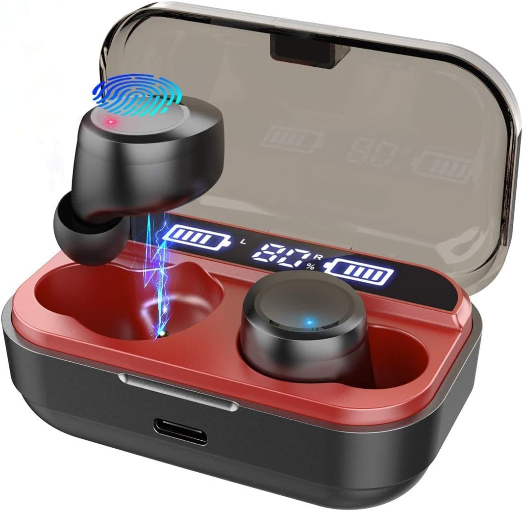 Bluetooth 5.0 Wireless Earbuds, Wireless Bluetooth Headphones with Deep Bass HiFi Stereo Sound, Built-in Mic Earphones with Portable Charging Case for iOS and Android (red)