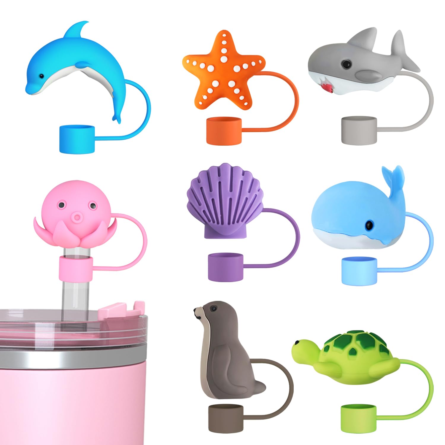 Photo 1 of 8PCS Silicone Straw Covers for Stanley 30/40oz Tumbler, Reusable Dust-Proof Straw Topper for Water Bottles, 10mm (0.4in) Silicone Straw Caps, Cute Animal Straw Tips for Stanley Cups with Handle