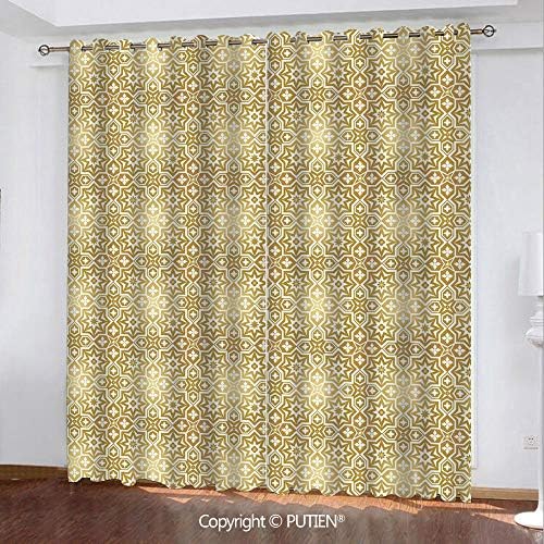 Satin Grommet Window Curtains Drapes [ Golden,Vintage 20s Gatsby Party Inspired Geometrical Image with Floral Details Print,White and Gold ] Window Curtain for Living Room Bedroom Dorm Room Classroom