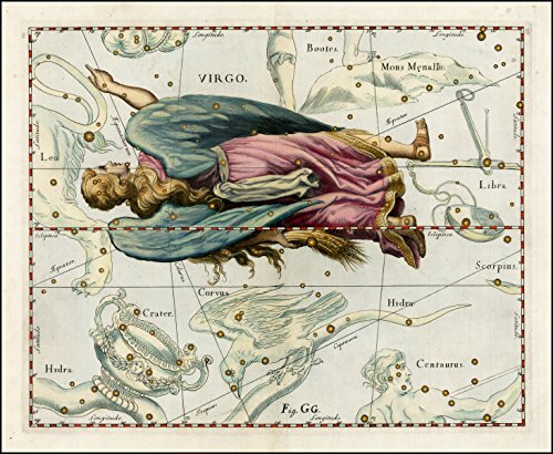 Modern poster of 1687 antique celestial chart print by Johannes Hevelius from Firmamentum Sobiescianum sive Uranographia VIRGO ZODIAC and surrounding constellations 28