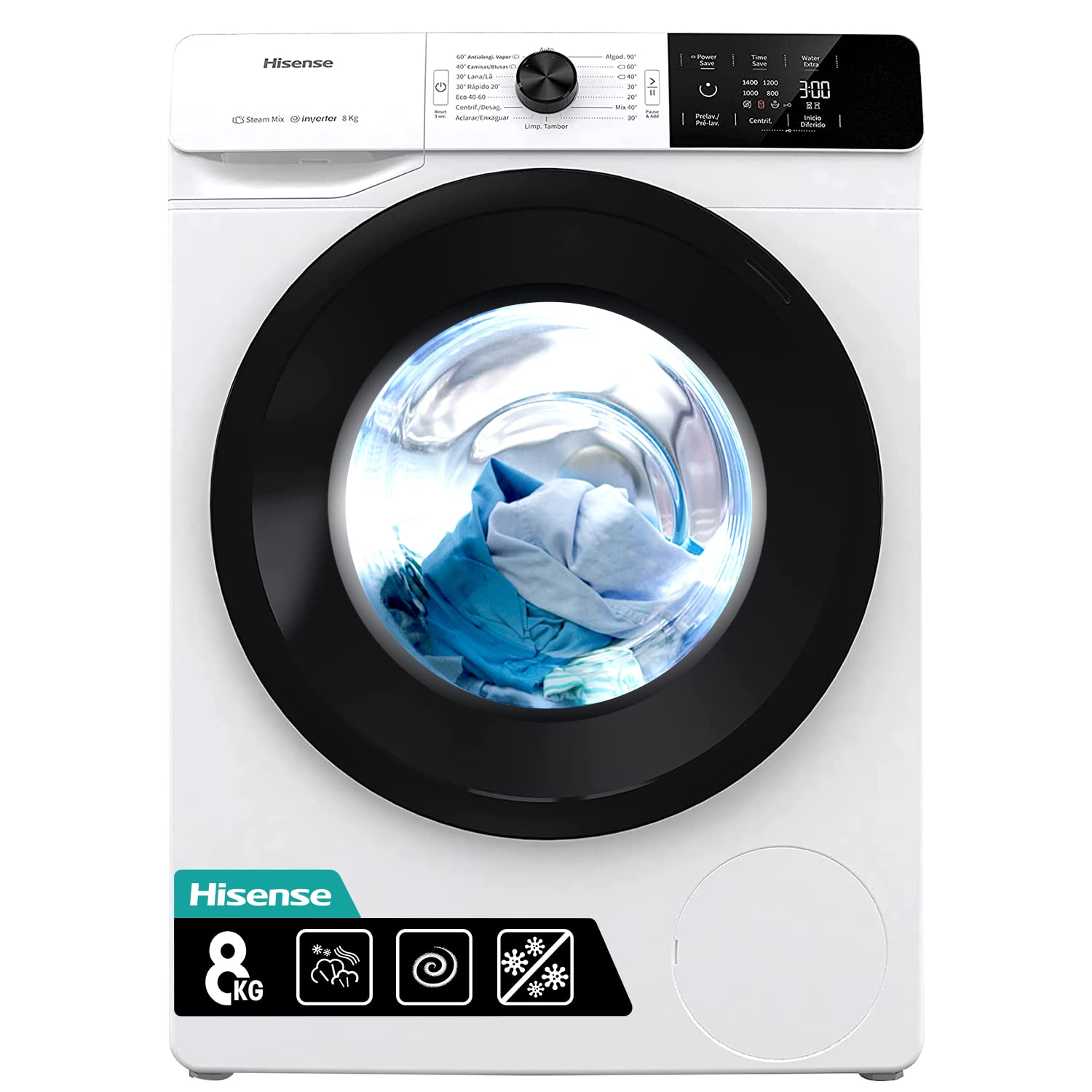 Hisense-WFGE80141VM-Lavadora-con-Vapor-Motor-Eficiente-Inverter-Carga-Frontal-8-Kg-1400-rpm-16-Programas-Control