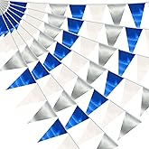 65FT Navy Blue White Silver Triangle Pennant Banner Flag Metallic Fabric Bunting Garland for Christmas Graduation Birthday Wedding Bridal Shower Nautical Ahoy Achor Theme Party Decorations Supplies