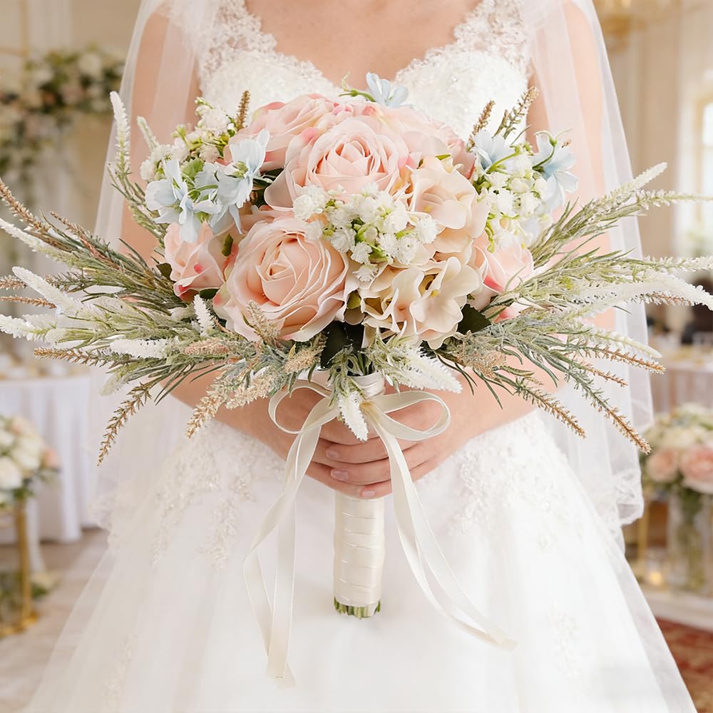 LESING 11.8" Bridal Wedding Bouquets Artificial Rose Flowers Bouquet Handmade Romantic Wedding Bouquets for Bride Bridesmaid Holding Flowers (Rose Bouquet-Pink)