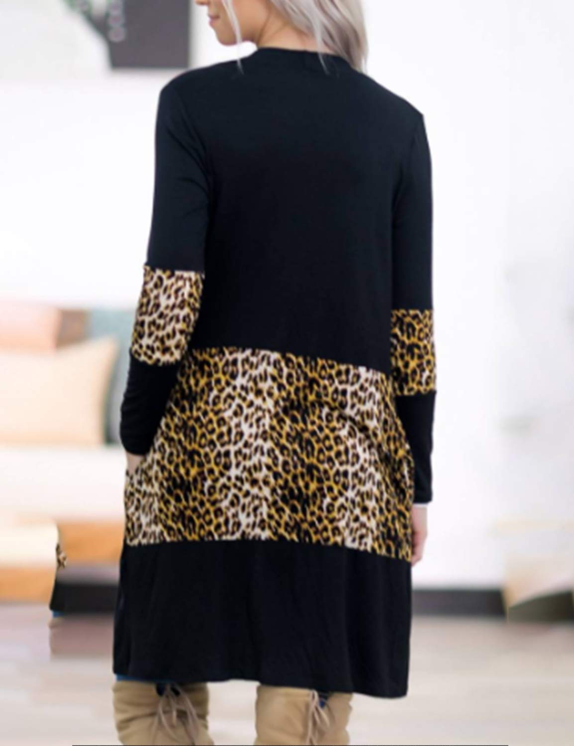 Blooming Jelly Womens Longline Knit Cardigan Long Sleeve Open Front Sweater Leopard Patch Pocket Tops(Black,M=UK 10-12)