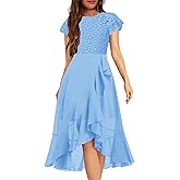 HOSIKA Girls Vintage Lace Chiffon Ruffle Sleeve A-Line Wedding Party Junior Bridesmaid Dress for Kids 6-12 Years