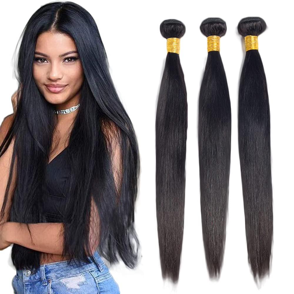 Photo 1 of #1B Human Hair Bundles Straight Bundles 30 30 30 Inch Unprocessed Brazilian Virgin Hair Weave 3 Bundles Straight Human Hair Extensions Natural Color Bundle 50 Grams Per Bundle