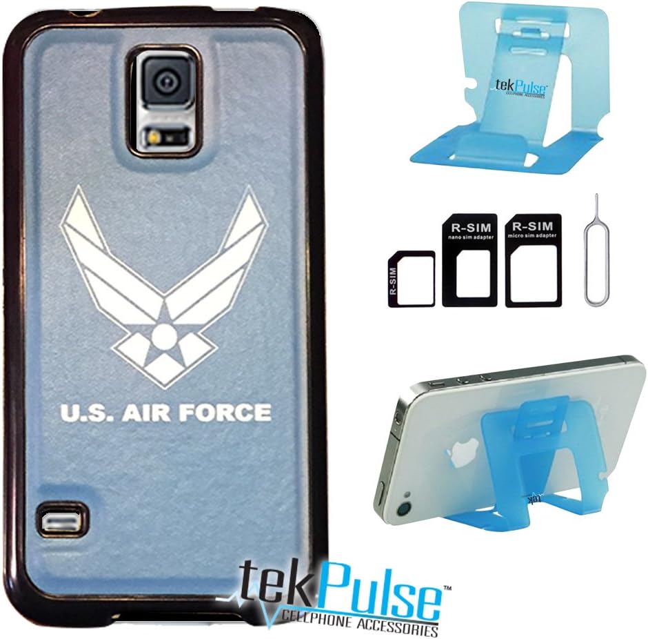 TekPulse(tm) USA Military United States Air Force Real Leather TPU Back Cell Phone Case & Nano Sim Card Adapter & Collapsible Cell Stand [Bundle 3pcs] - Direct Print Fits Samsung Galaxy S5