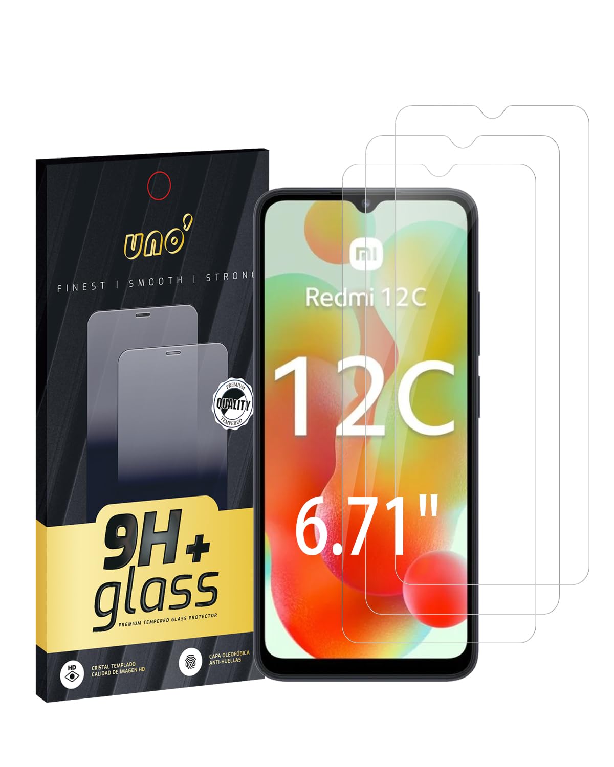 UNO' - 3 Pack Xiaomi Redmi 12C Screen Protector Film (6.71 inch), Tempered Glass 9H Full Coverage with Rounded Edges, Ultra Durable, Transparent, Anti-Scratch, Anti-Fingerprint, Bubble Free