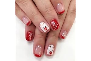 OCOUYVD Christmas Short Square Fake Acrylic Nails with Red French Tip, Snowflake Designs, and Winter Xmas Nail Art for Women and Girls