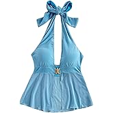 Milumia Women's Starfish Decor Backless Halter Top Tie Backless Sleeveless Split Hem Tank Tops