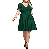 Ever-Pretty Women's Chiffon V Neck Short Sleeves Tie Waist Pleated Knee Length Plus Size Cocktail Wedding Guest Dresses