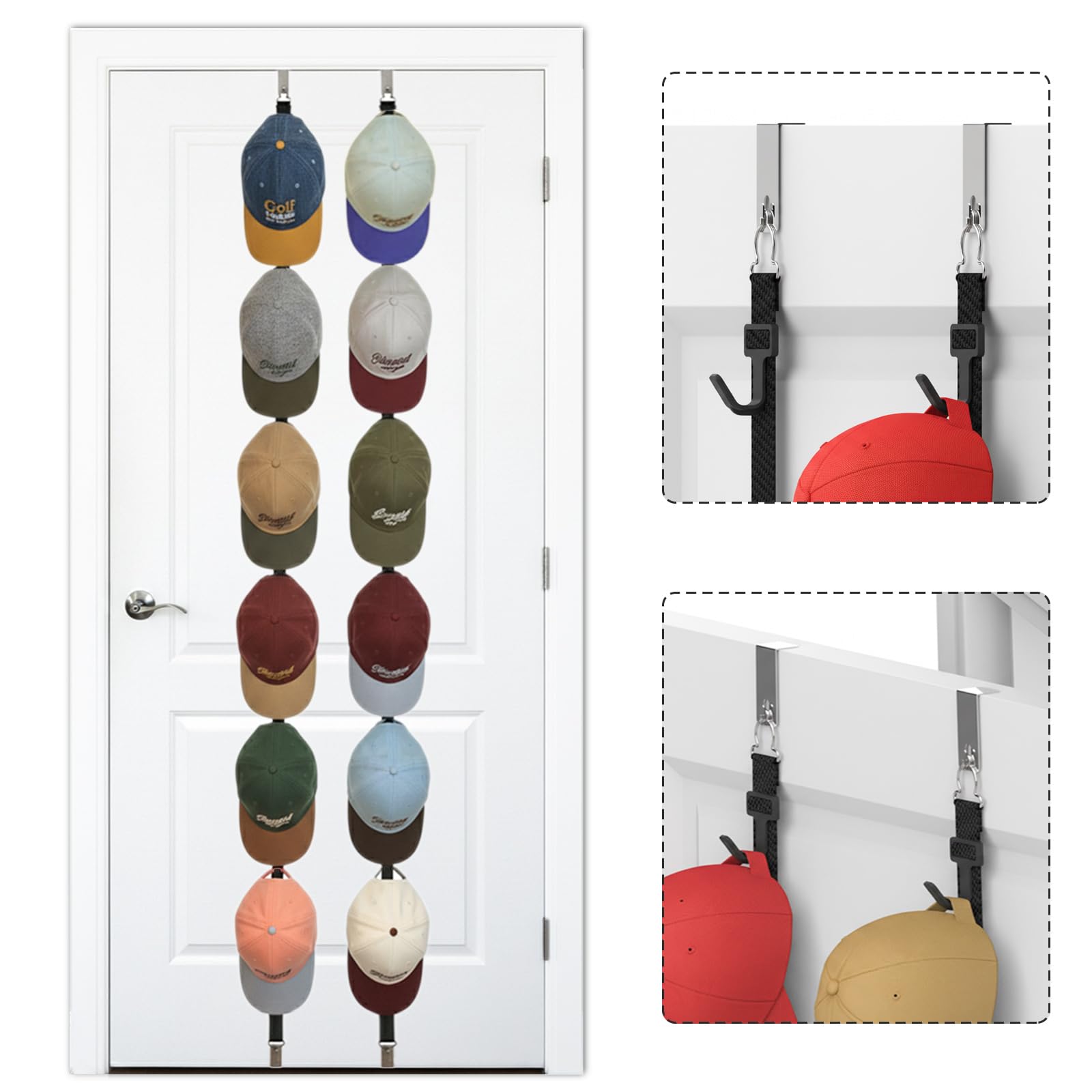 ETOWIFA Hat Rack for Baseball Caps and Organizer Holder [ up to 36 Caps ] Display over the Door or on the Wall Hat Hanger with 2 Straps and 12 Adjustable Hooks, Black [ Upgraded Strong Hooks ]