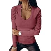 Fessceruna Womens Long Sleeve Shirts Tops Fall Deep V Neck Ribbed Casual Slim Fit Basic Sexy T-Shirt 2025