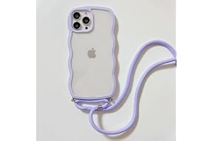 ELTIIGO for 6.7" iPhone 15 Pro Max Clear Case with Crossbody Lanyard, Slim Cute Wave Bumper Shockproof Soft Protective Cover with Anti-Lost Adjustable Shoulder Neck Strap for Girls Women - Lavender