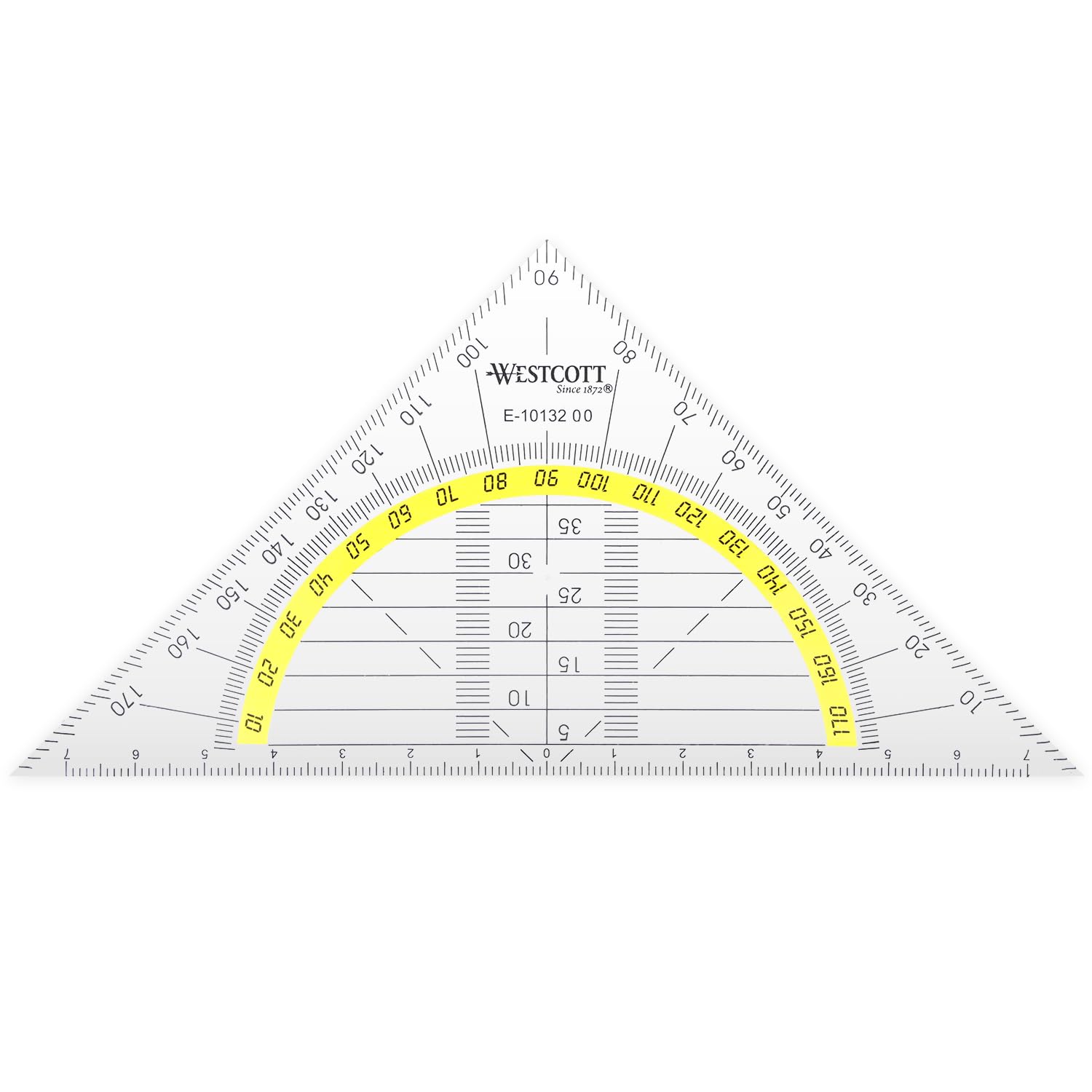 Westcott 14 cm Set Square, Transparent Set Square Made of Unbreakable Plastic with Yellow Scale, Technical Scale & Protractor for School, University or Office, E-10132 00