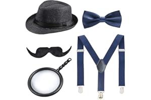 Beelittle 1920s Boys Old Man Costume 52cm Fedora Hat Suspenders Bow Tie Set Adjustable Y Back