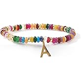Opalencian Initial Beaded Gold Plated Pendant Bracelets for Women, Colorful Stack Letter Stretch Bracelet,Inspirational Gift for Women Christmas Friendship Birthday