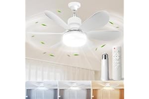 MIMIRGB Socket Fan Light with Remote,Small Ceiling Fans with Lights,Smart Timing Dimmable 3 Colors,E26 Base Socket Ceiling Fan for Bedroom Living Garage Kitchen（White）