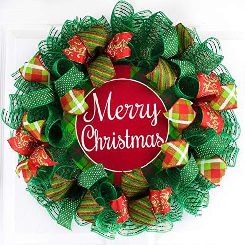 Merry Christmas Mesh Wreath Front Door Wreath Red White