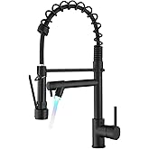 BESy 20 Inch Black Kitchen Faucet with Pull Down Sprayer, Dual Morden Commercial Rv Single Handle Single Hole Double Spout LED Spring Kitchen Sink Faucet with Pot Filler, Matte Black