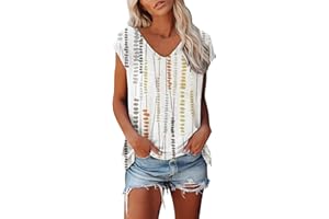 HUMMHUANJ Summer V Neck Short Sleeve Tops Casual Loose Printed Shirt Hollow T Shirt Top for Womens