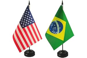 ZIGVERT 1 American and 1 Brazilian 8"x5" Miniature Desk & Table Flag, Includes 2 Flag Stands & 2 Small Mini Stick Flags, USA American & Brazil Flags,Brazil Room Flag