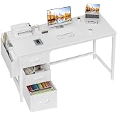 Lufeiya White Computer Desk with Fabric File Drawers Cabinet, 55 Inch Reversible Desks with Storage Filing Cabinet for Home Office, Modern Writing Table PC Desks for Bedroom, White