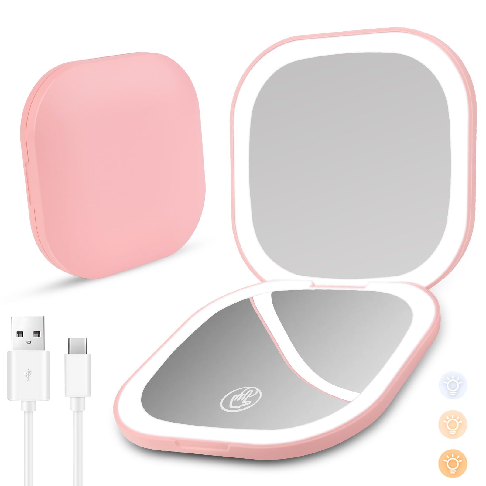 Yomaido Magnifying Compact Mirror with Light, Travel Makeup Mirror USB Rechargeable 1X/3X with 24LEDs Dimmable, Portable Folding Mirror for Handbag Pocket, Present for Women Travel Essentials - Pink