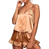 CHYRII Women's Sexy Silk Satin Ruffled Pajamas Sets Cami Shorts Sets Sleepwear