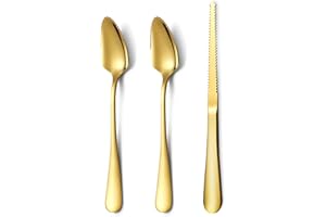 HOMQUEN Gold Grapefruit Spoons 3 Pieces Set, 2 Stainless Steel Grapefruit Spoon and 1 Grapefruit Knife with Titanium Plating,
