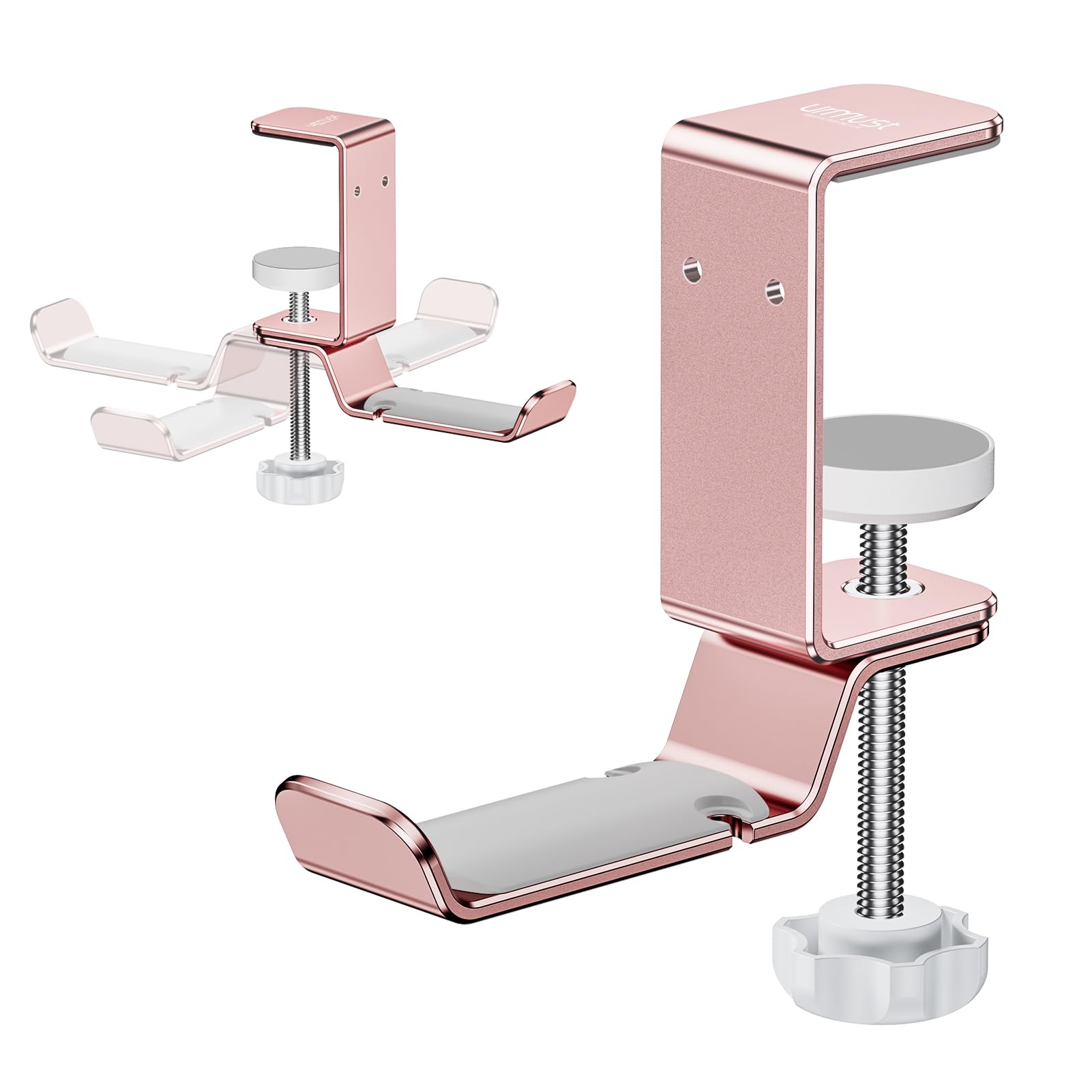 urmust Headphone Stand with Cable Clip, 360 Degree Swivel Adjustable Desktop Headset Holder,Non-Slip Desk Hook Space Save Universal Headphone Mount(Rose Gold)