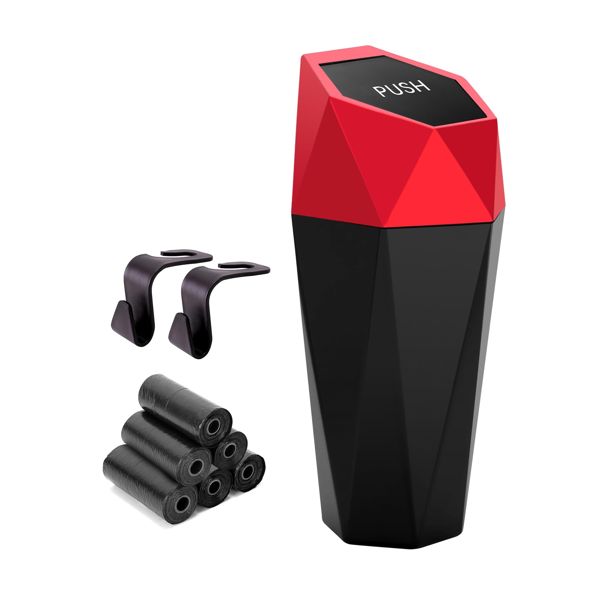 Photo 1 of Ginsco Car Trash Can Cup Holder, Mini Car Trash Can with Lid, Car Accessories for Interior, Leakproof Small Trash Cup for Car, Home with Additional 2 ABS Hooks and 90pcs Trash Bags Red