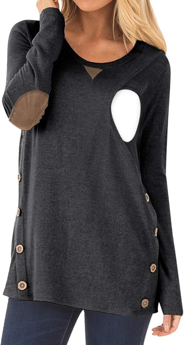 CzzzyL Women's Breastfeeding Casual Faux Suede Loose Tunic Button Blouses Shirt NursingTops