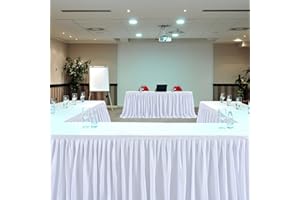 Partisky White Polyester Table Skirt for Rectangle Tables 14f, Wrinkle Resistant Pleated Ruffle Table Cloth for Birthday Party Banquet Wedding Baby Shower