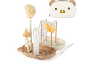 VOOWO Baby Bottle Brush with Drying Rack, Portable Travel Bottle Cleaner Kit, Silicone Baby Bottle Cleaner Brush Set with Baby Bottle Brush for Cleaning, Nipple Brush, Straw Cleaner (White)