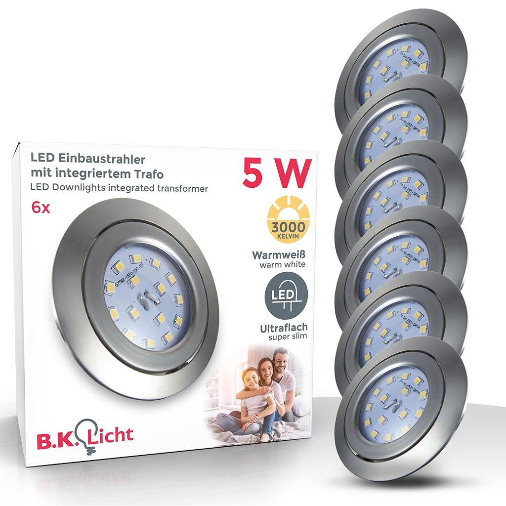 B.K.Licht Set of 6 LED Recessed Ceiling Lights, Adjustable Downlights, 5W Board, No Transformer Needed, Extra Flat, Warm White Light, Matt Nickel Design, Ceiling Spotlight, 230V, IP23