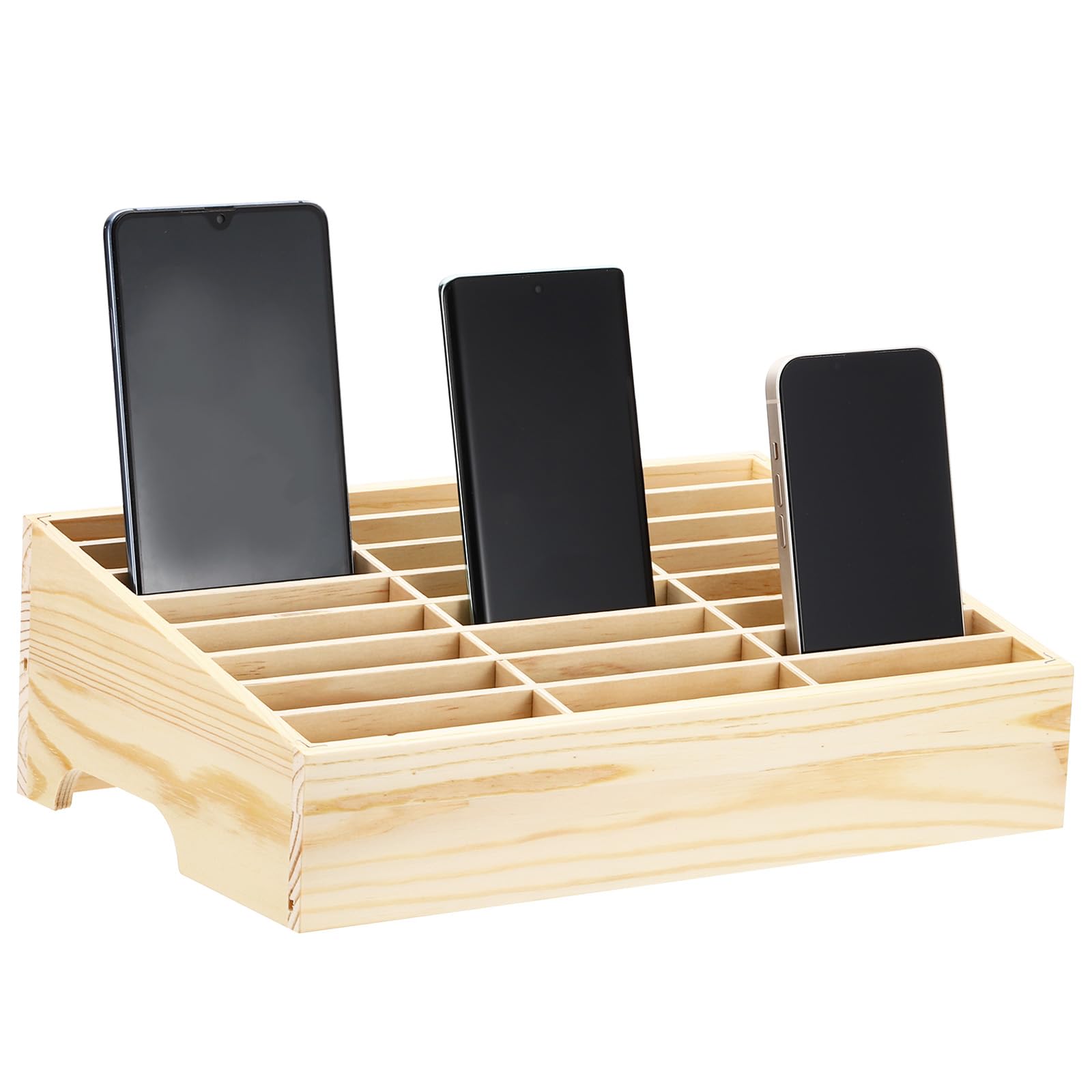 PATIKIL Cell Phone Storage Box, Wooden Desktop Storage Box 24 Grid Desktop Mobile Phone Holder Multifunctional Desk Organizer Stand for Classroom Office Boardroom