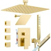 Shower System with 4 Body Spray Jets, STARBATH 4 Way 12 + 6"Rainfall Shower Head with Handheld Combo, Ceiling Mounted Shower Jets System in Wall Shower Faucet Set, Brushed Gold