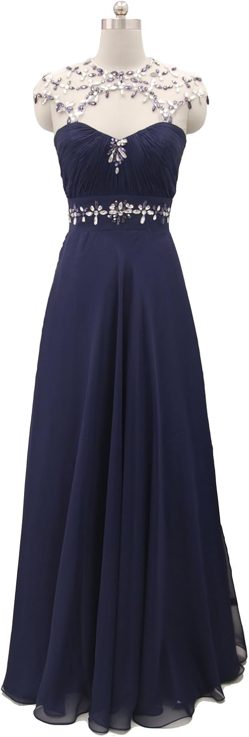 Vampal Navy Blue Illusion Top Beaded Embellishment Chiffon Long Prom Dresses 22W