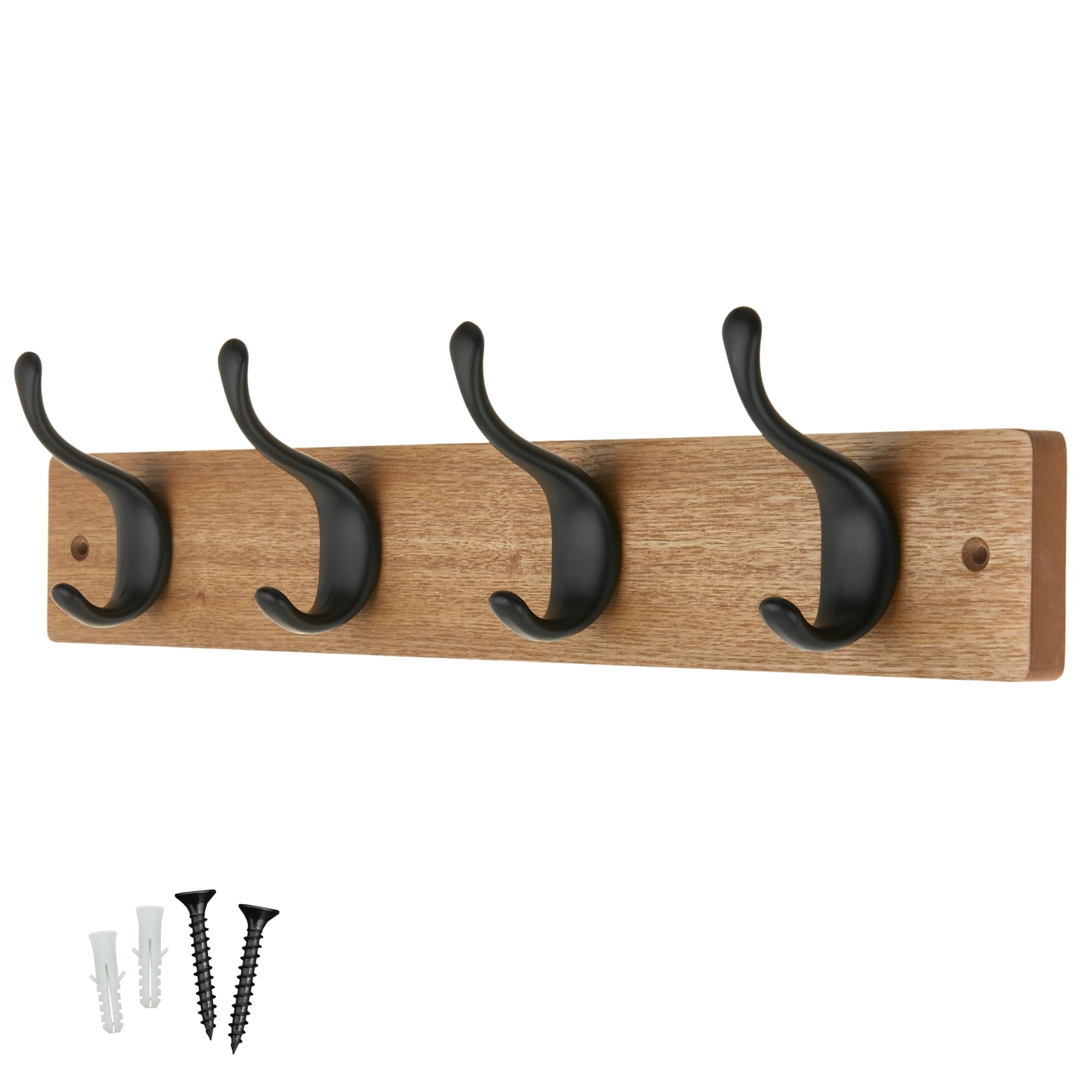 keypak 4 Matte Black Coat Hooks on Ash Effect Wooden Board - Modern Wall Mounted Coat Rack Clothes Hanger — image 1