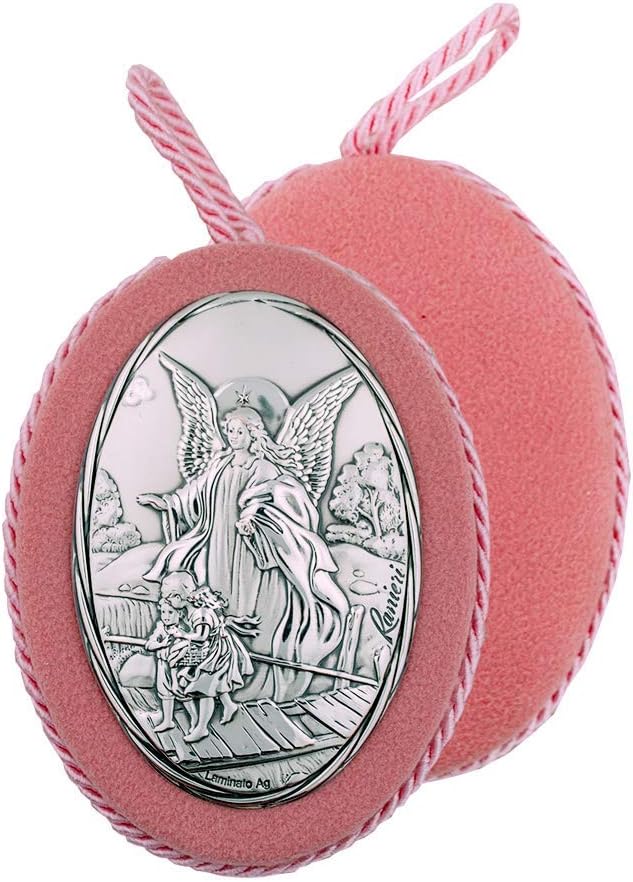 4" Girls Crib Medal | Protection and Blessings for Your Newborn | Pink Soft Fabric | Guardian Angel Guiding Children | Catholic Home Goods | Made in Italy
