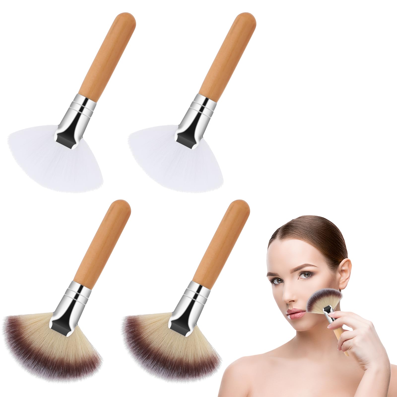 4Pcs Facial Brushes Fan Fluffy Fan Brushes for Facials Makeup Fluffy Esthetician Applicator Brush Face Makeup Tools, Soft Blush Brush Bristle Face Highlighting with Handle for Powder Blush Body