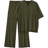 KIRUNDO Two Piece Sets for Women 2026 Summer Lounge Set | Airport Travel Outfit, Comfy Short Sleeve Top Matching Wide Leg Pants, Loose Fit, With Pockets, Postpartum Going Home